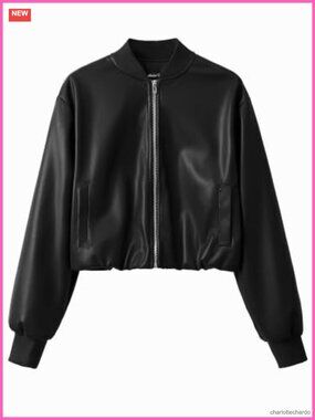 Cropped Faux Leather Zip Up Baseball Jacket Ribbed Trim